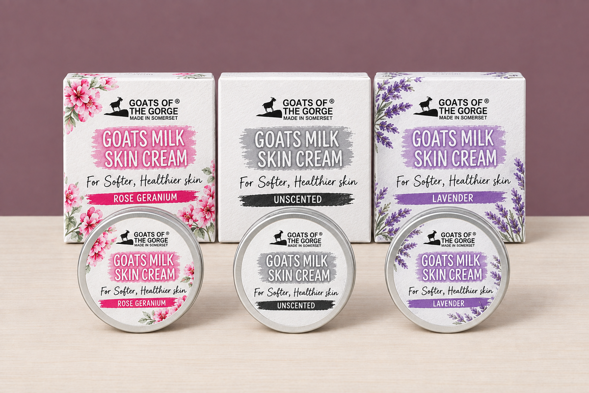 All three Goats Milk Skin Cream sets in one hero shot on the mauve wall and wood table scene