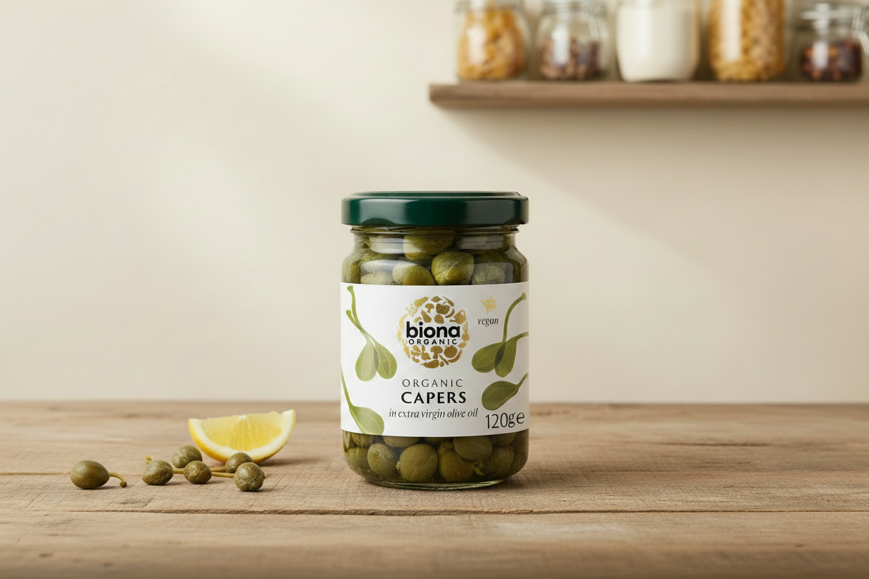Biona Capers in Extra Virgin Olive Oil - Pantry Scene