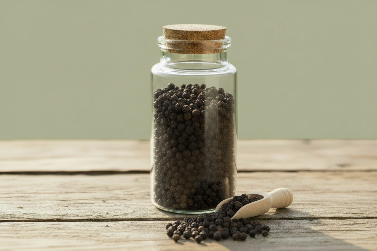 Black peppercorns jar