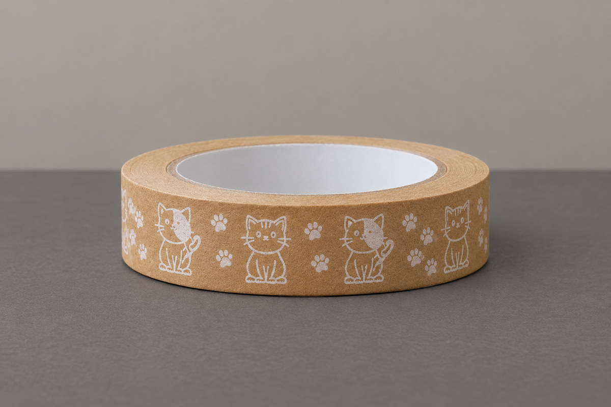 Cat-pattern kraft tape in the matching single-roll hero setting