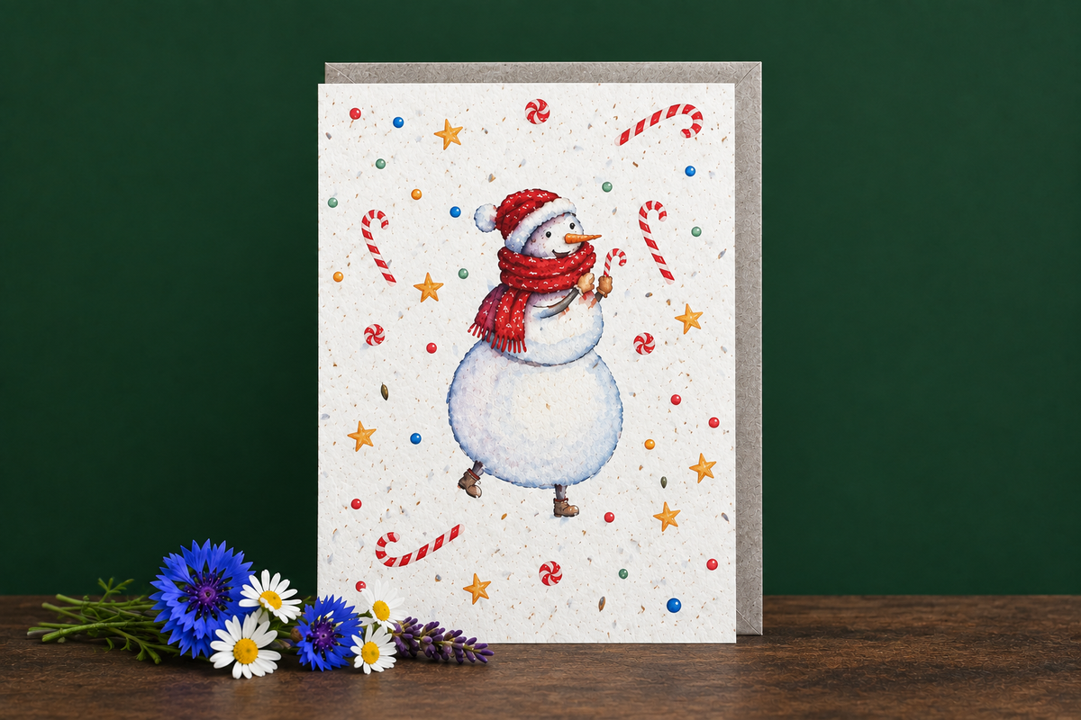 Christmas Snowman Card - Dark Wood Base