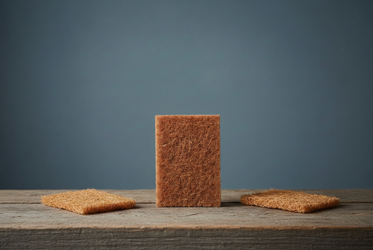 Coconut scourers with two scattered beside the upright pad