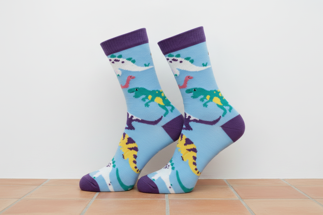 Colourful Dinosaur Socks - White Wall & Terracotta Tiles