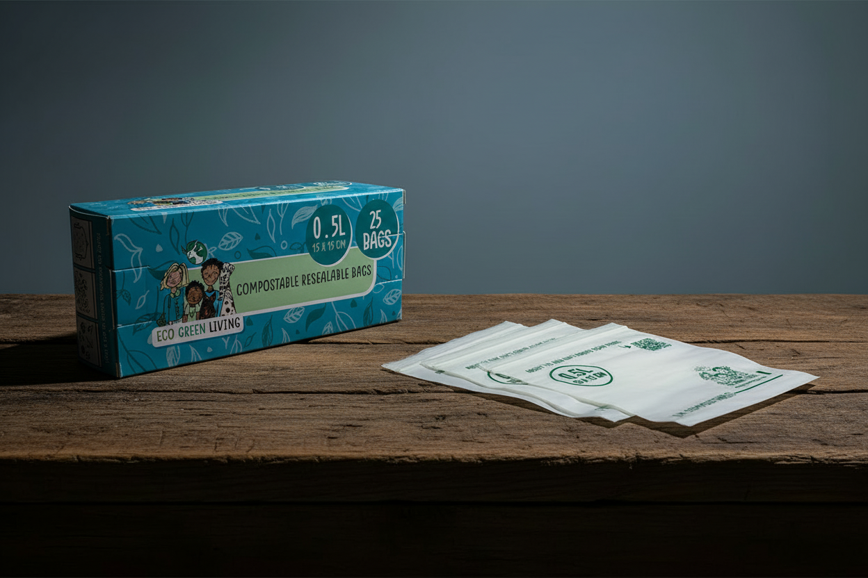 Compostable Resealable Bags - box standing with bags