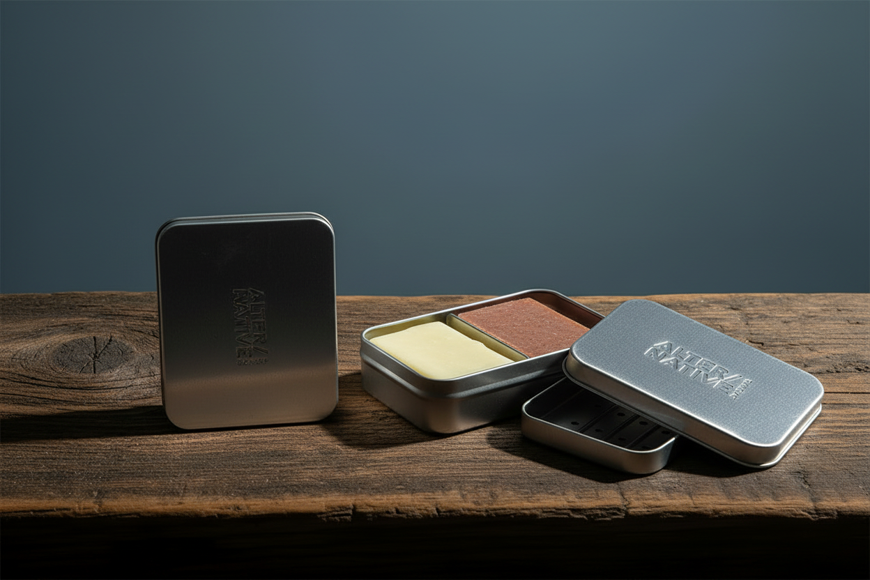 Double Soap Storage Tin - closed and open showing divider and drainage tray