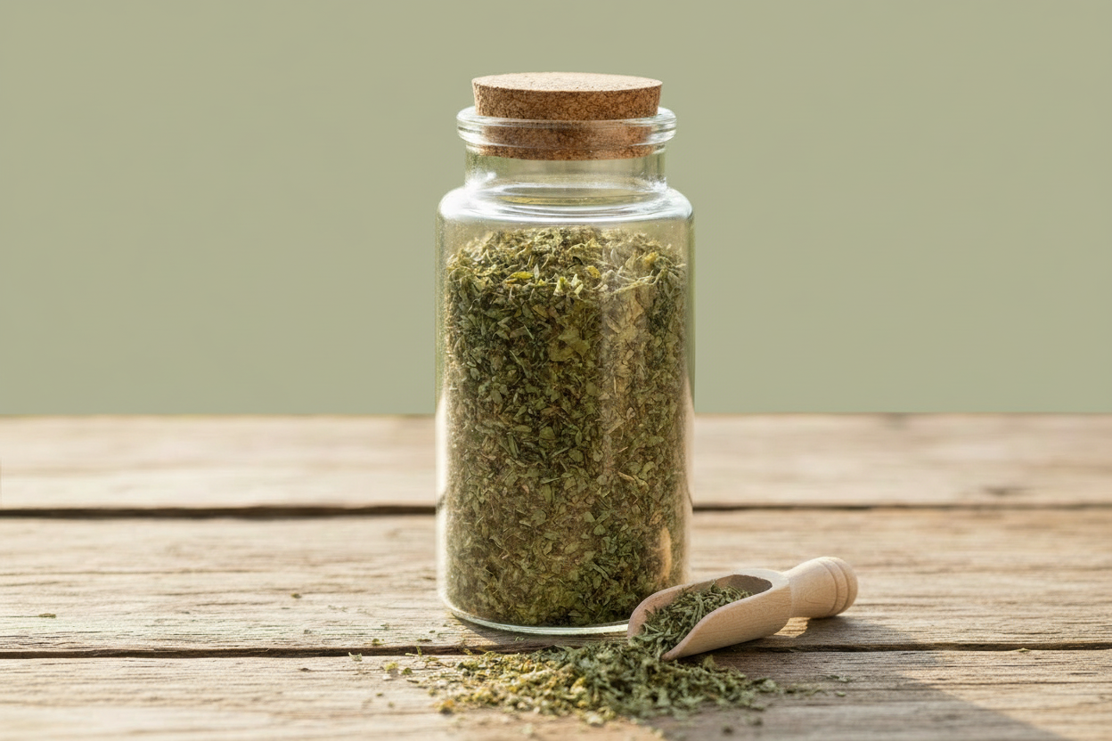 Dried herbs jar with plain green background