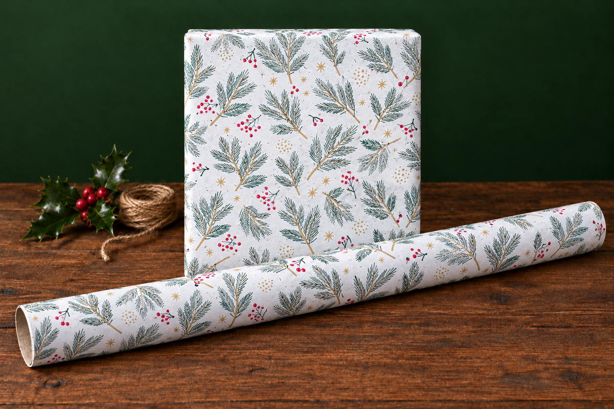 Evergreen sprigs and berries wrapping paper