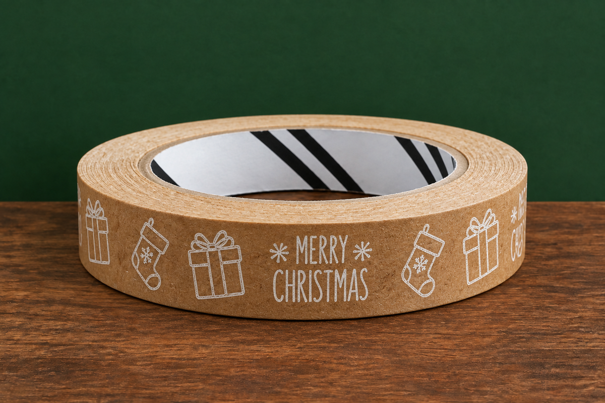 Gifts and stockings paper tape in the matching Christmas hero setting