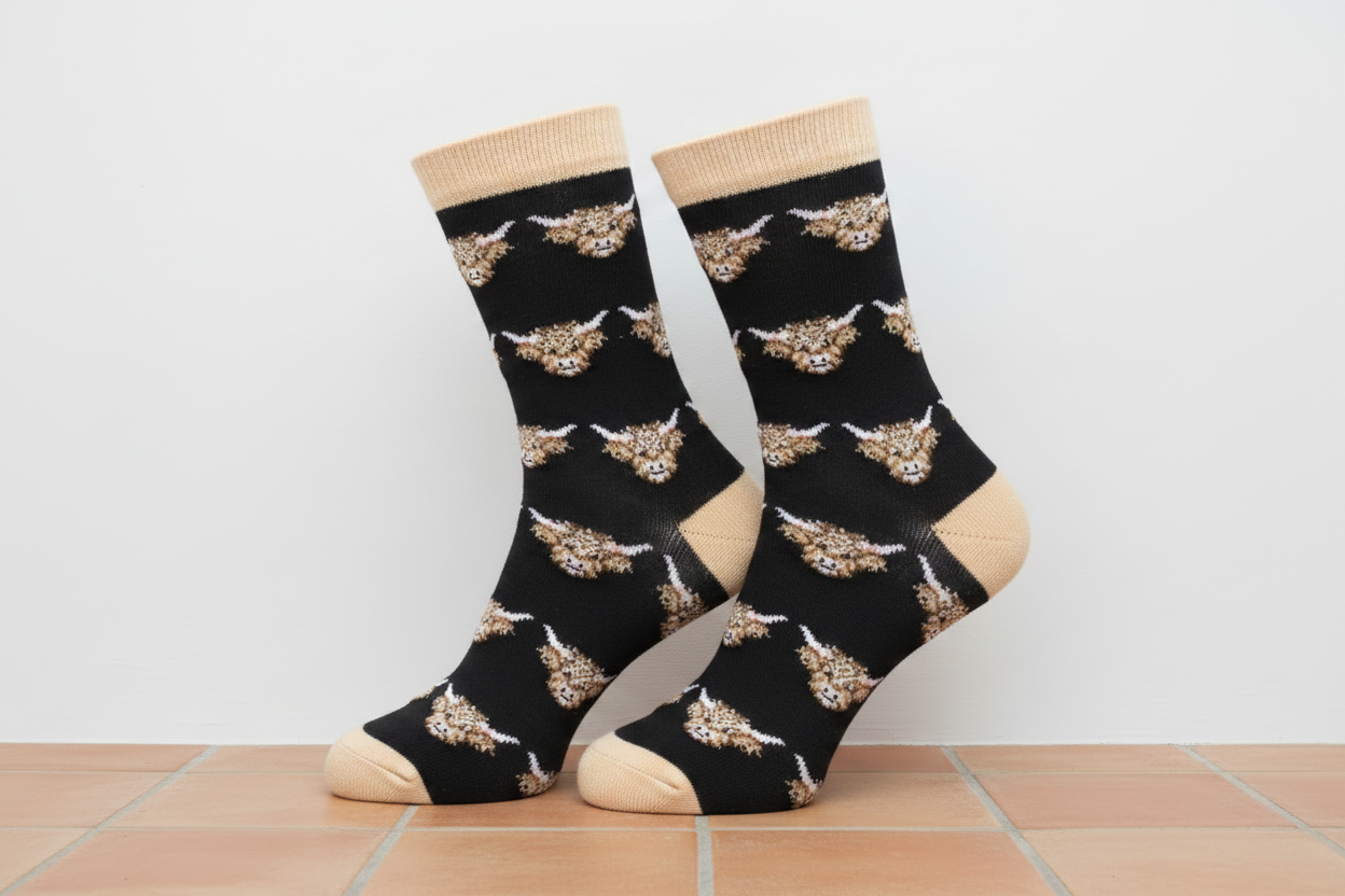Highland Cow Socks - White Wall & Terracotta Tiles