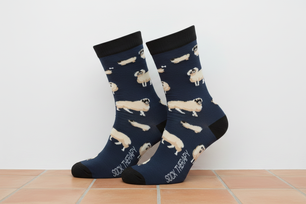 Navy Pug Socks - White Wall & Terracotta Tiles