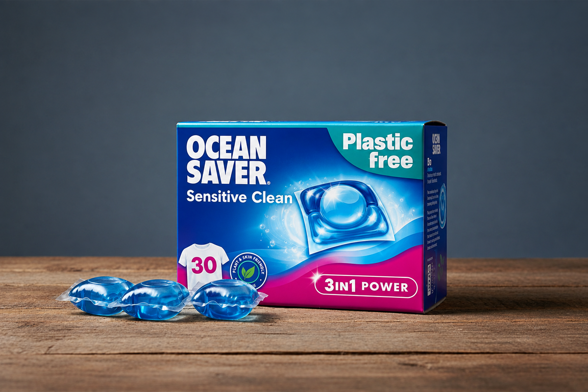 Ocean Saver Sensitive Clean box and blue pods in the slate wall scene