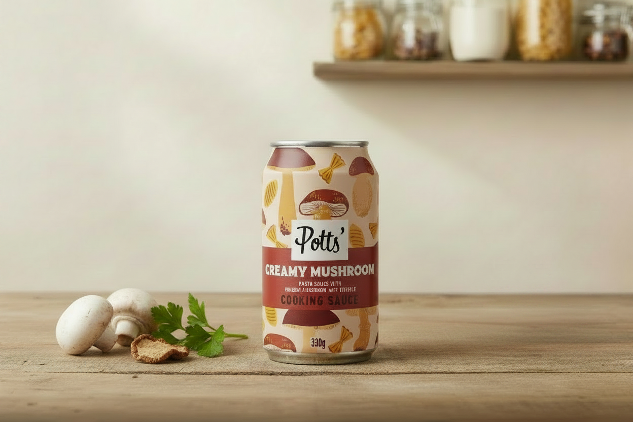 Potts' Creamy Mushroom — Pantry Scene with Side Props