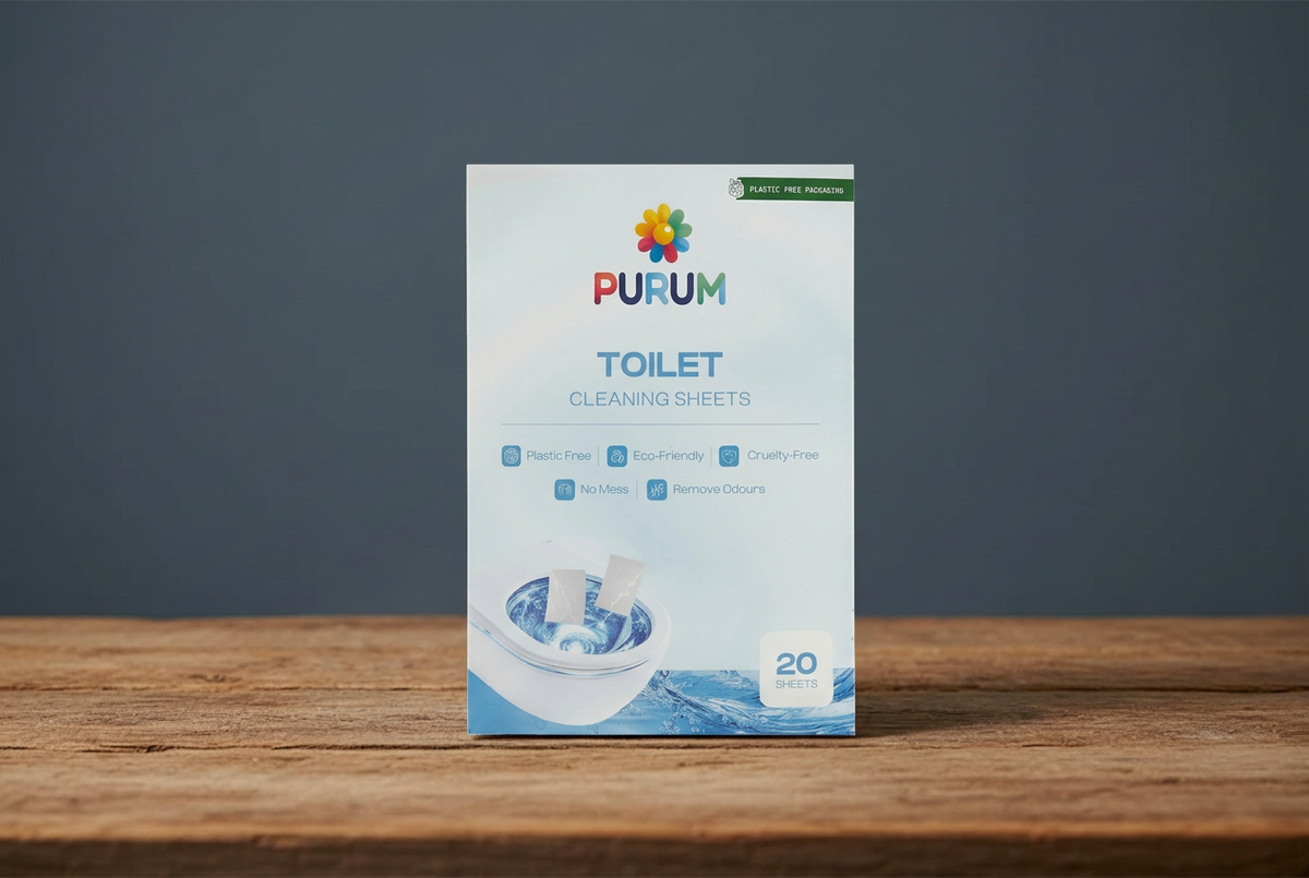 Purum toilet cleaning sheets in the slate-blue and wooden scene