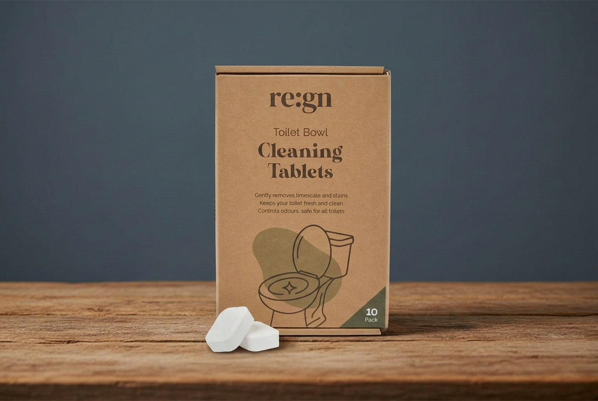 Re:gn toilet cleaning tablets in the slate-blue and wood scene