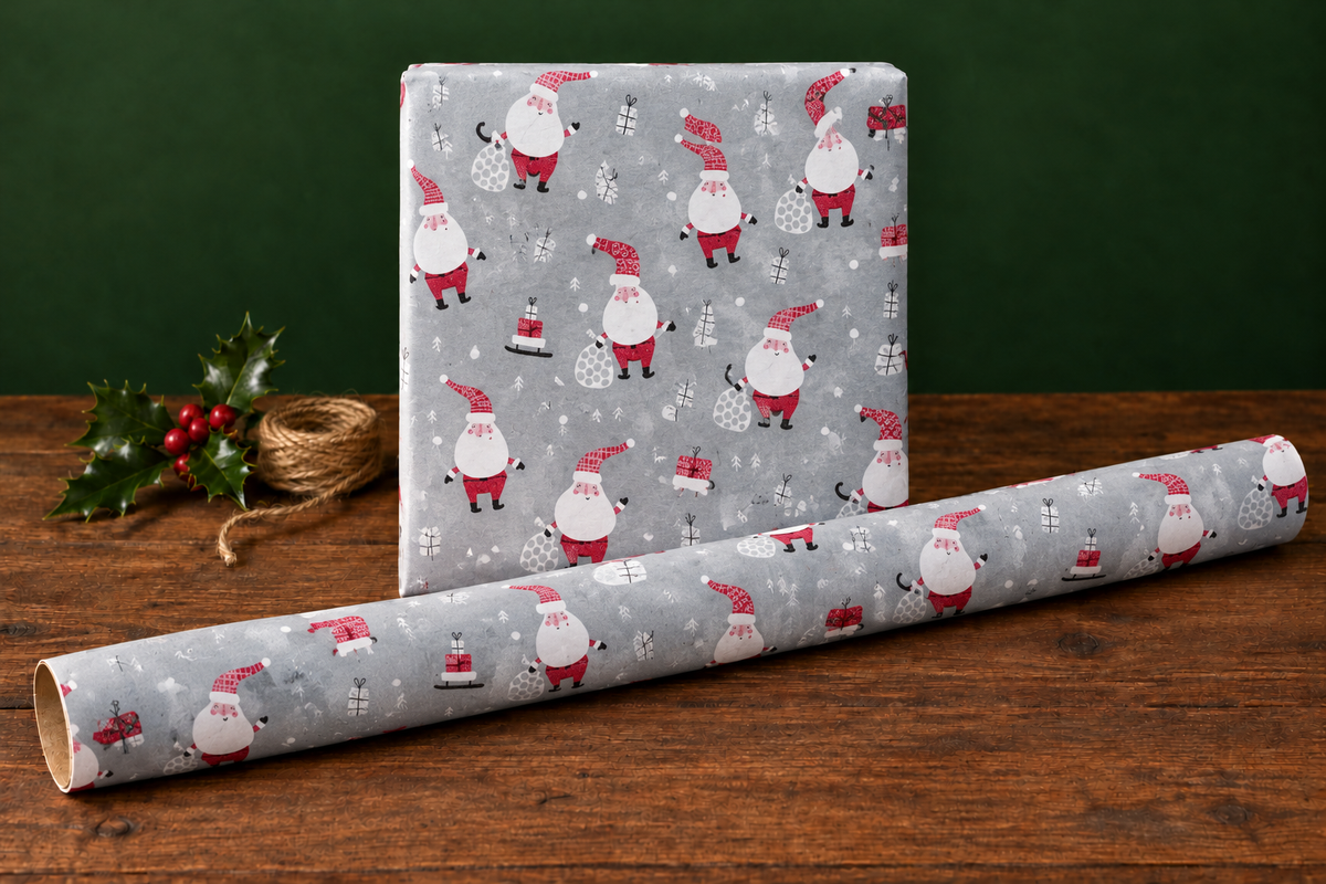 Santa wrapping paper gift and roll in the festive scene