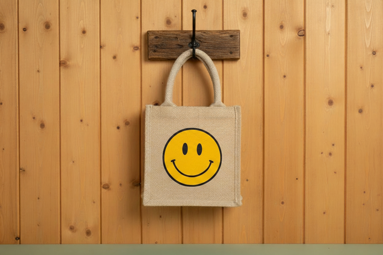 Smiley Face Hessian Bag — Wooden Wall Hook Scene