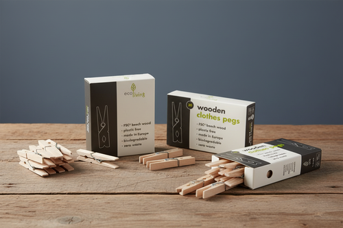 Wooden Clothes Pegs - Boxes at angles with scattered pegs